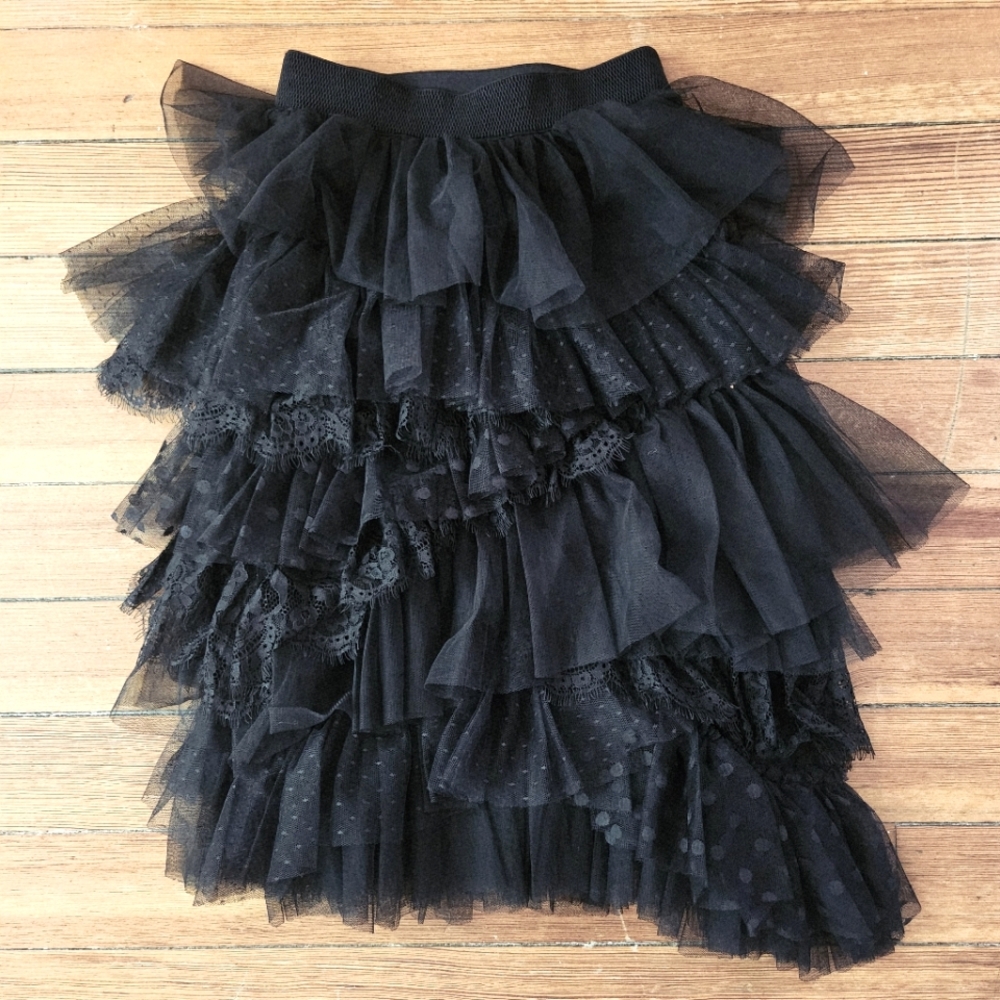 By Anthropologie Black Ruffled Tiered Tulle Mesh Lace Midi Skirt